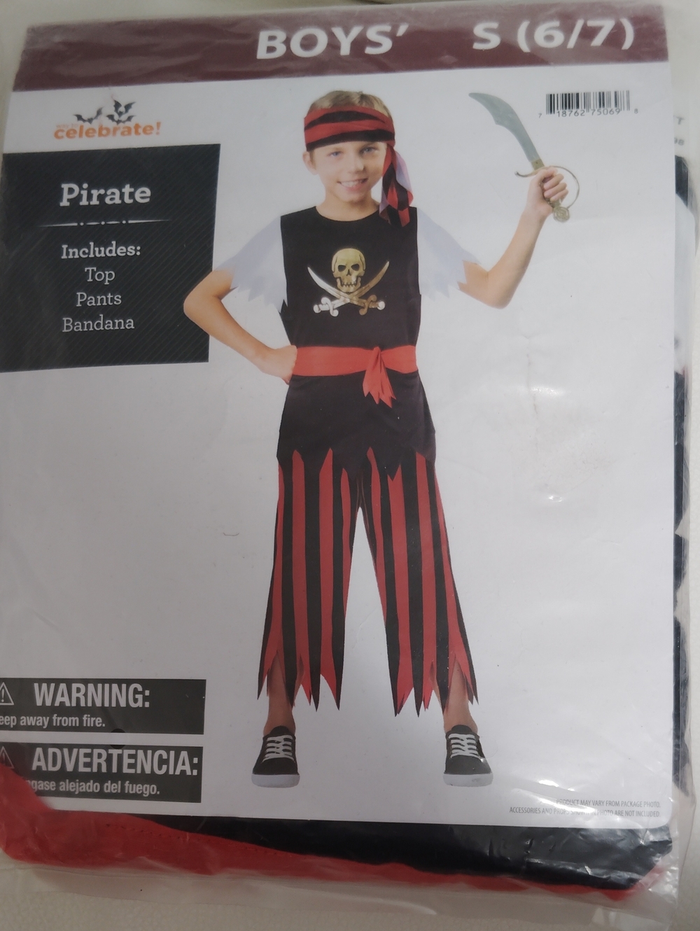 Boys, Pirate Halloween Costume in Black and Red with Bandana Pants And  Top